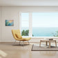 Amenajare casa la mare sau ocean fotoliu galben si canvas pictat manual in nuante galben, albastru verde si auriu